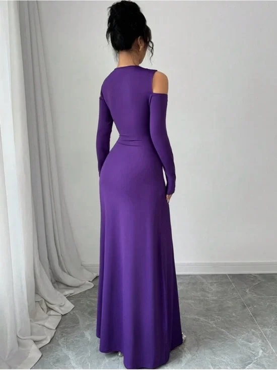 Purple cold-Shoulder Long Sleeve Dress - Picture 3 of 3